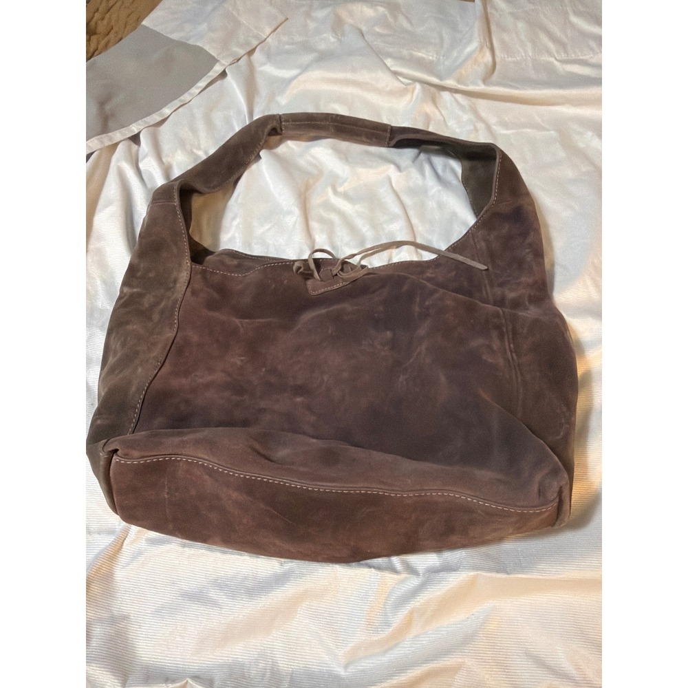Lucky Brand Brown Suede Hobo Bag Slouchy Leather Shoulder Bag Boho Large Tie Top - Picture 1 of 6